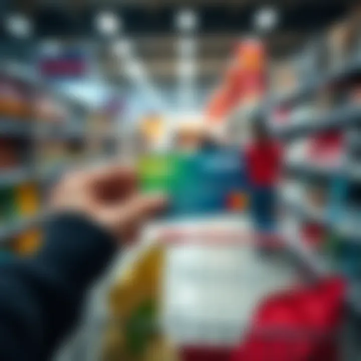 A person holding a Solana debit card while shopping at a store, with products visible in a shopping cart.