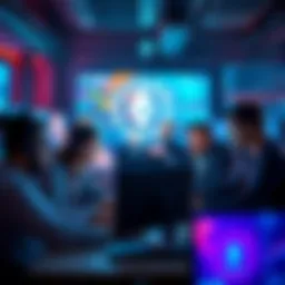 A group of developers collaborating on a project in a tech workspace, with Solana's logo visible on their screens.