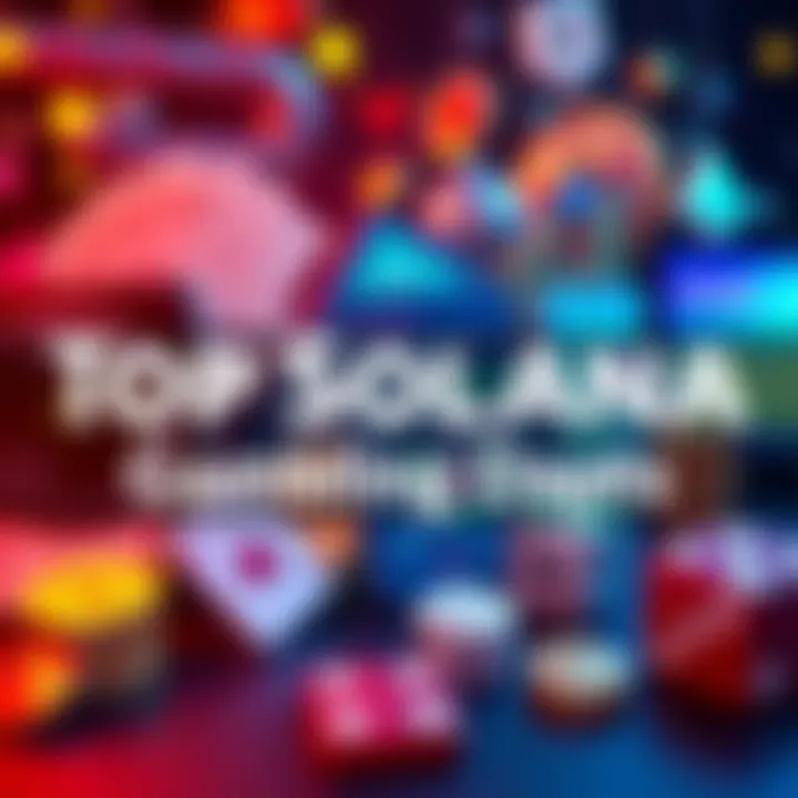 A collage of digital gambling platforms on Solana with graphics of cards, dice, and coins, representing online betting.