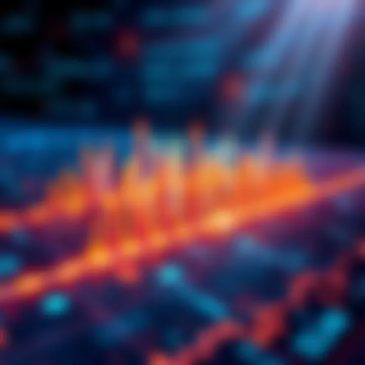 Illustration showing a digital representation of Solana's blockchain with transaction data spikes amidst a backdrop of blockchain symbols