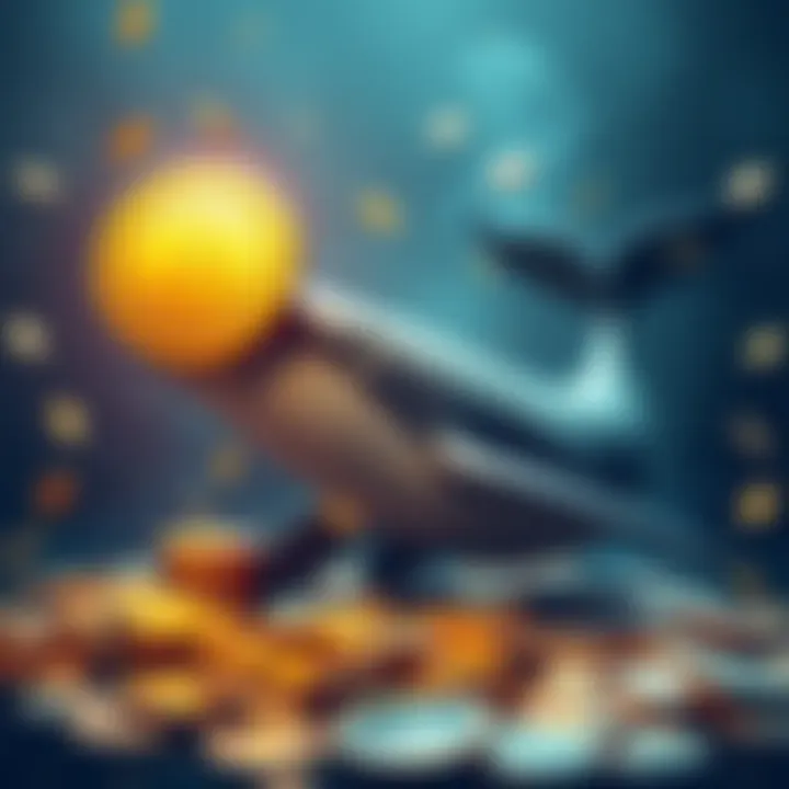 A large whale symbolizing a Solana investor purchasing Patos Meme Coin, with coins and dollar signs surrounding it.