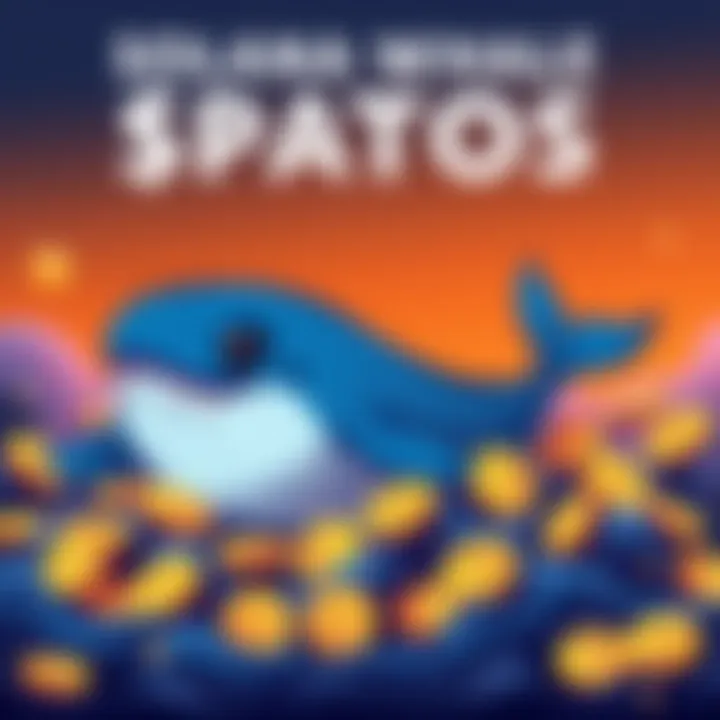 A graphic showing a cartoonish whale surrounded by $PATOS tokens, symbolizing a whale investing in crypto