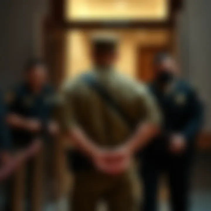 A soldier in handcuffs being escorted by law enforcement officers outside a courtroom, highlighting a legal case involving betting on political events.