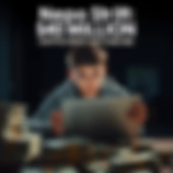 A young man with a laptop looking anxious while counting stacks of cash in a dark room, symbolizing a crypto theft from his father's business.