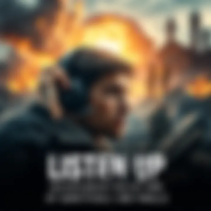 A person listening intently with headphones, surrounded by a dramatic outdoor scene representing adventure and struggle.