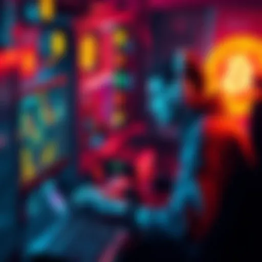 A person mining digital assets with a computer surrounded by graphics of blockchain and cryptocurrency symbols.