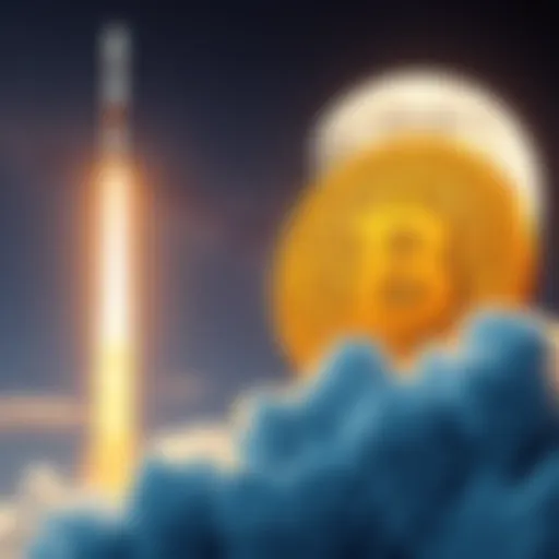 A SpaceX rocket launching with a large Bitcoin logo in the foreground against a starry sky