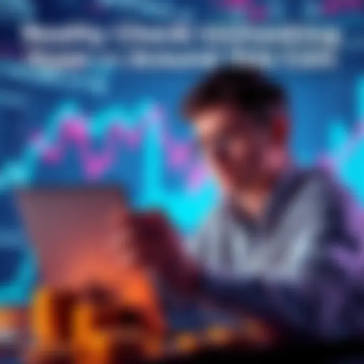 Person looking worried while checking their investment on a laptop, surrounded by coins and graphs showing decreasing trends