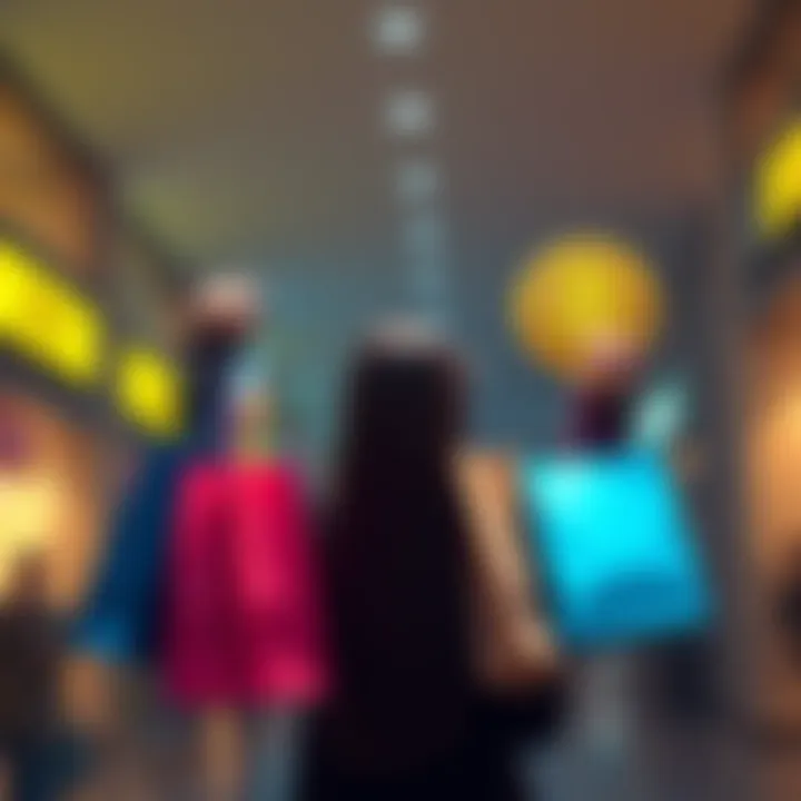 A person holding shopping bags in one hand and a Bitcoin symbol in the other, looking conflicted about their choices