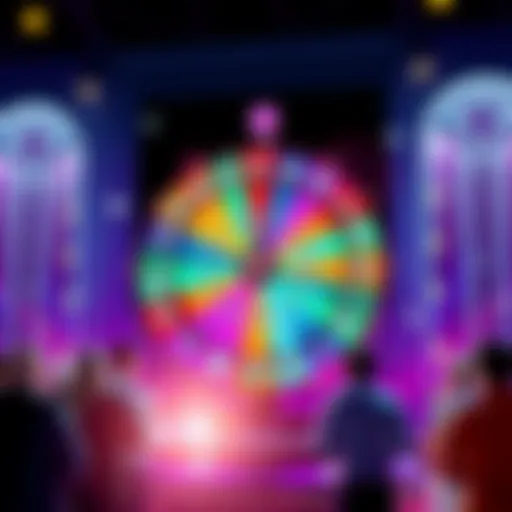 A colorful spin wheel featuring sparkling diamonds and auction tickets, with people looking on in discontent.