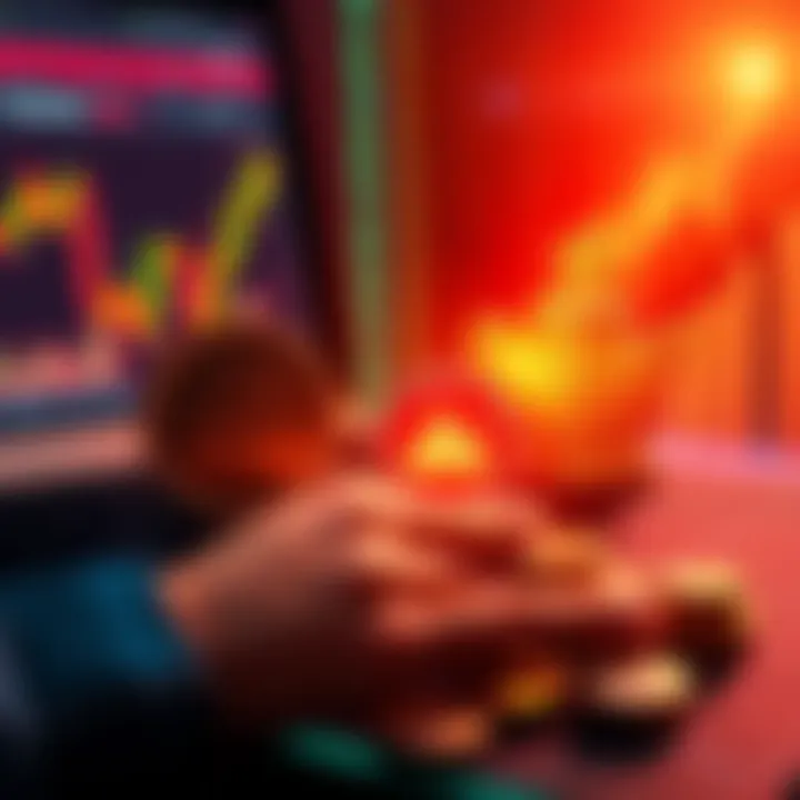 Graphic showing a trader comparing spot trading and futures trading with visual elements like coins and charts