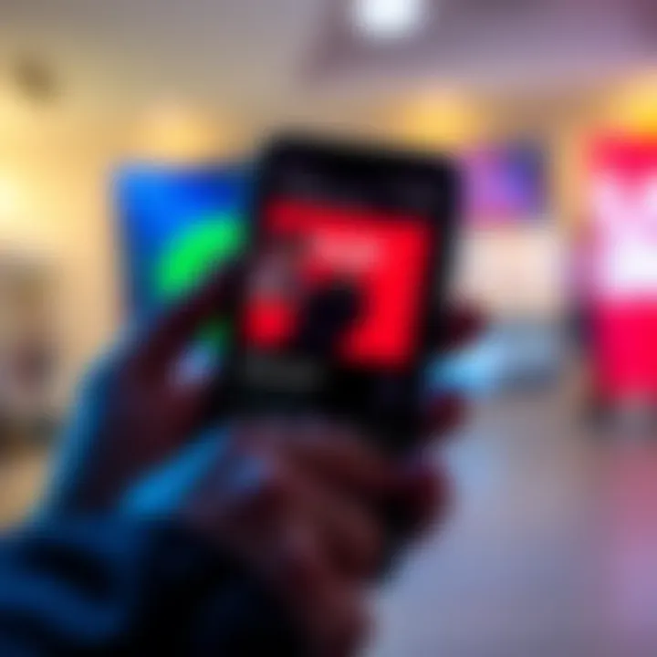 An Android smartphone showing the Spotify app with music playing and an advertisement banner visible