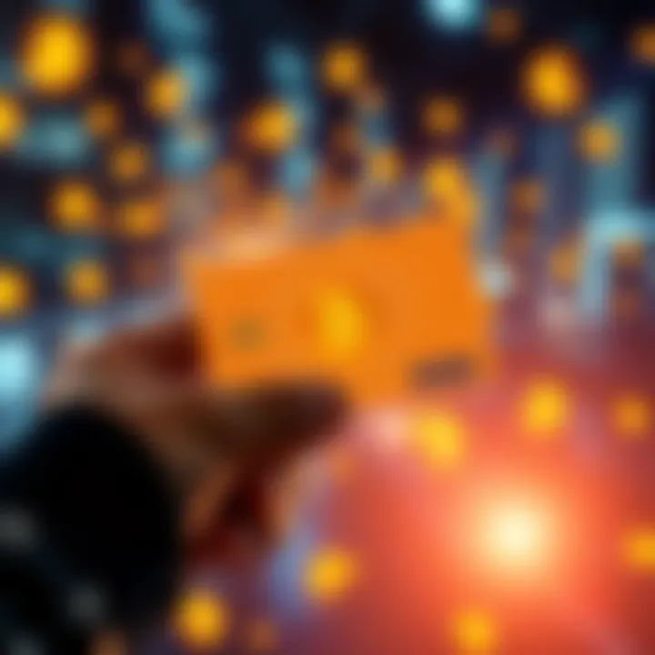 Stablecoin Card in Hand A person holding a modern stablecoin card with digital currency symbols in the background
