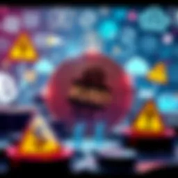 Graphic showing a stablecoin labeled XUSD with a backdrop of banking icons and warning signs, symbolizing risks and trust issues