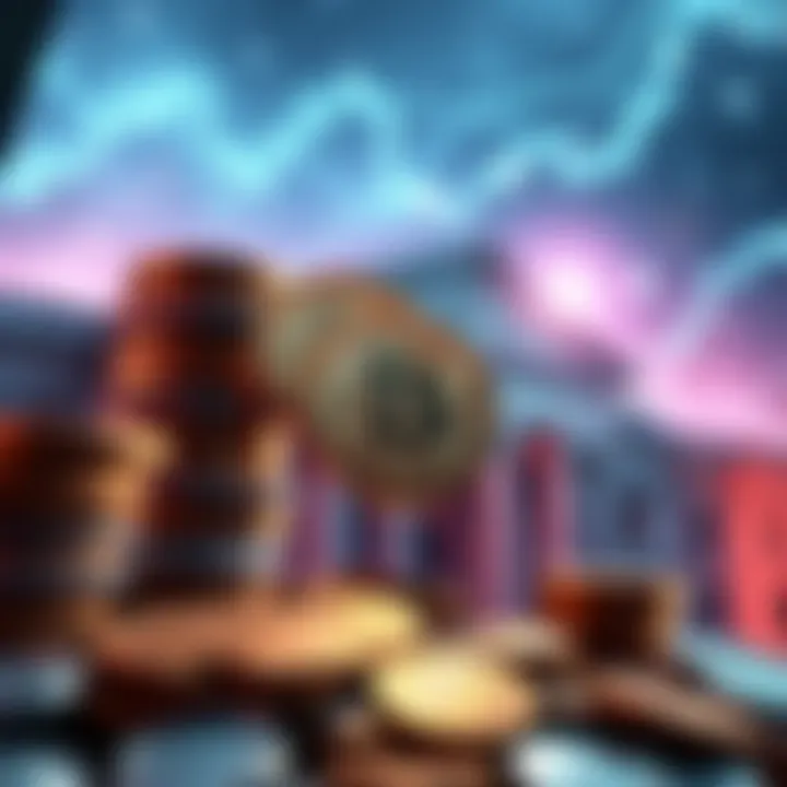 A visual representation of stablecoins impacting traditional bank deposits, with coins and a bank building in the background.