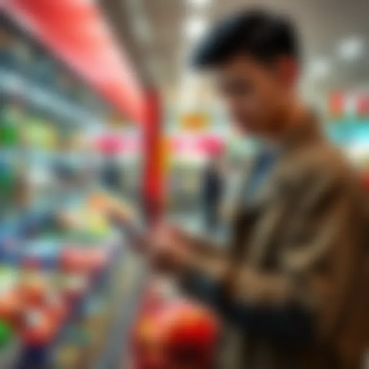 A person using a mobile app to pay with stablecoins for groceries at a store