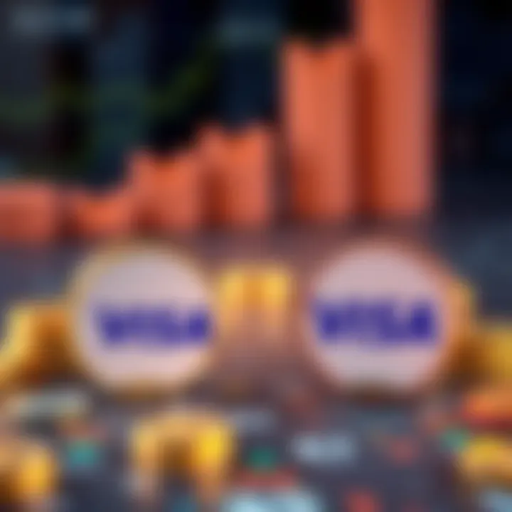 A graphic comparing the transaction volumes of stablecoins and Visa, showing stablecoins processing double the amount of Visa, with financial symbols in the background.
