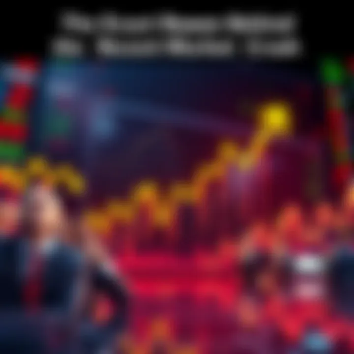 A graph showing a sharp decline in stock prices with falling arrows and worried investors in the background