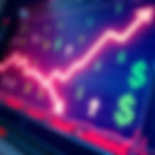 An illustration showing a downward trend on a stock market graph with dollar signs and arrows indicating financial movement.