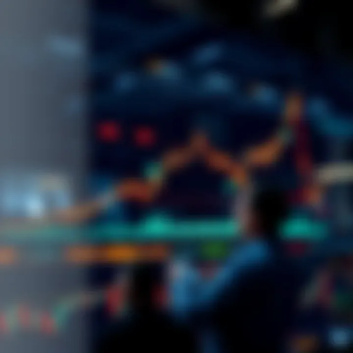 A line graph showing a stock market dip with a downward trend followed by small upward movements. Investors looking at charts and discussing options.