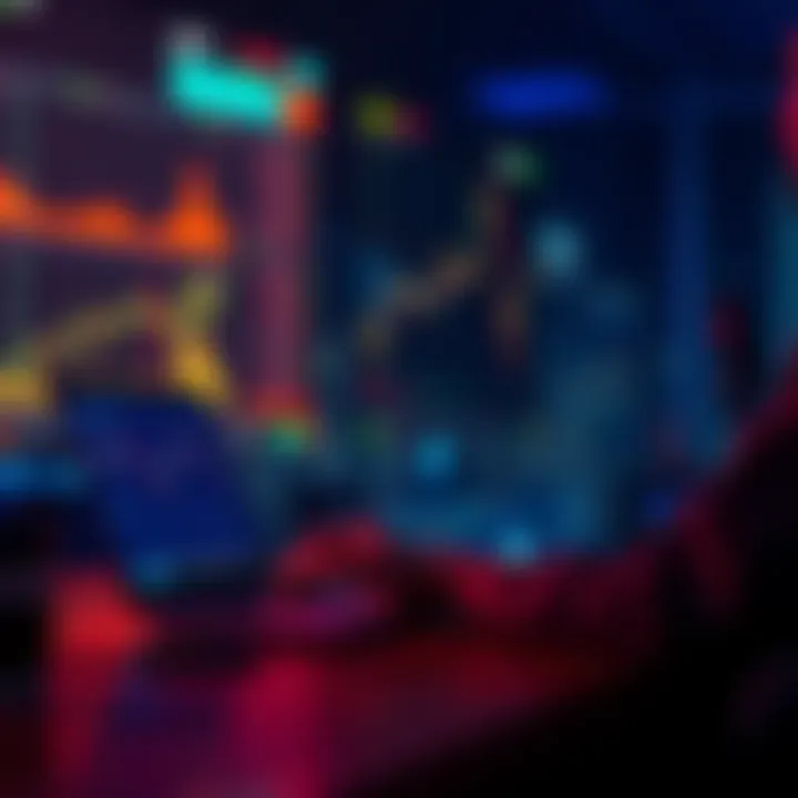 24/7 Stock Trading Concept A person using a laptop to trade stocks at night, with charts and graphs displayed on the screen, symbolizing continuous trading.