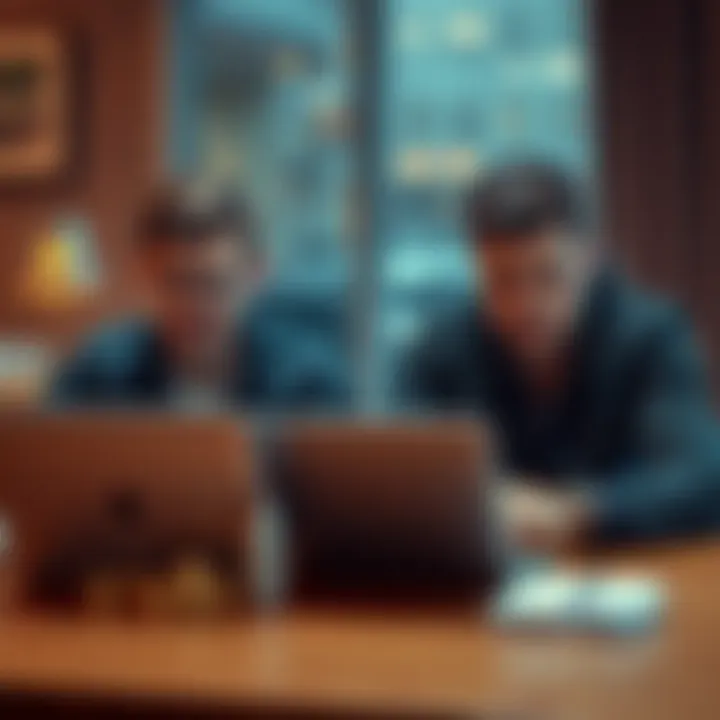 Two friends sit at a table, one eagerly discussing Bitcoin with charts on a laptop while the other looks frustrated and overwhelmed, expressing concern over the conversation.