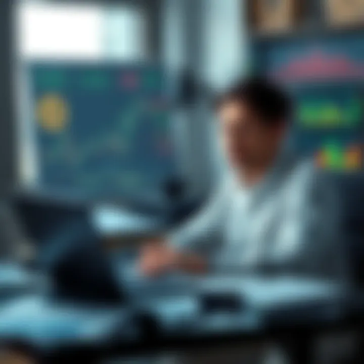 A person sitting at a desk looking concerned while checking Bitcoin prices on their laptop, surrounded by charts and financial papers.