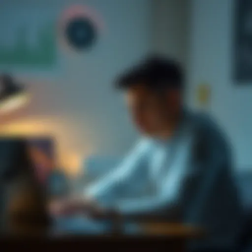 Individual sitting at a desk with a worried expression, laptop open with cryptocurrency charts, representing the emotional impact of losing a large sum in Bitcoin.