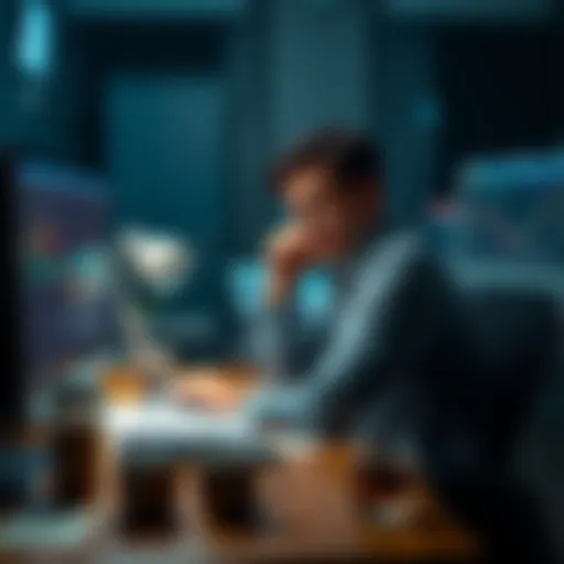 A trader sits at a desk with a frustrated expression while looking at trading charts on a computer screen, surrounded by papers and coffee cups, showing signs of stress and isolation.