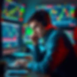 A worried day trader sits at their desk, glancing at multiple screens showing financial charts and numbers, feeling the weight of recent losses while managing their healthcare job.
