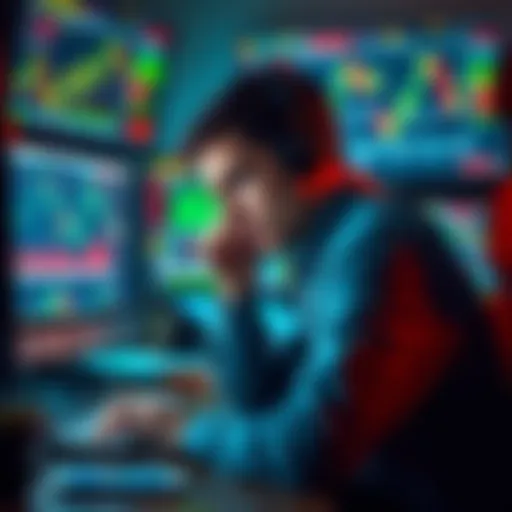 Trader looking stressed at computer A worried day trader sits at their desk, glancing at multiple screens showing financial charts and numbers, feeling the weight of recent losses while managing their healthcare job.