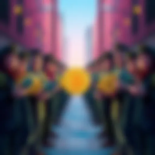 A group of dedicated HODLers holding their cryptocurrency safely, showing resilience and unity in the market, with a positive outlook for the future.