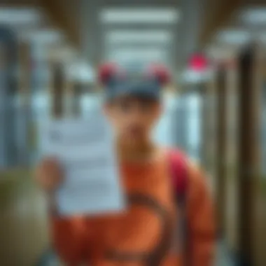 Student expressing frustration with dress code A student looks frustrated while holding a dress code policy paper, wearing modest clothing, in a school hallway