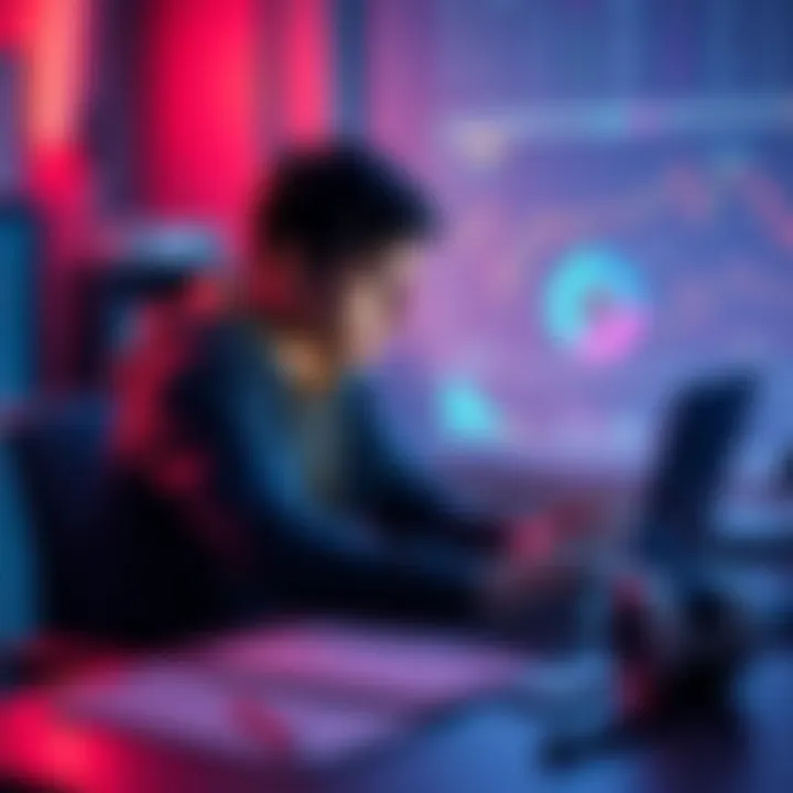 Student investing in cryptocurrency A student sitting at a desk, looking at a laptop with charts and graphs related to cryptocurrency, showing a mix of frustration and hope.