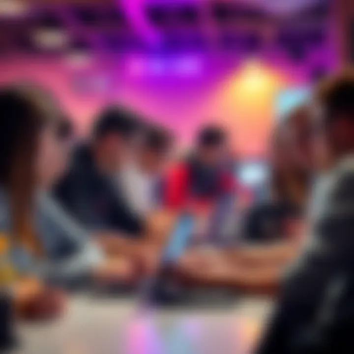 A group of students working together on laptops at a hackathon event, brainstorming ideas and creating projects.