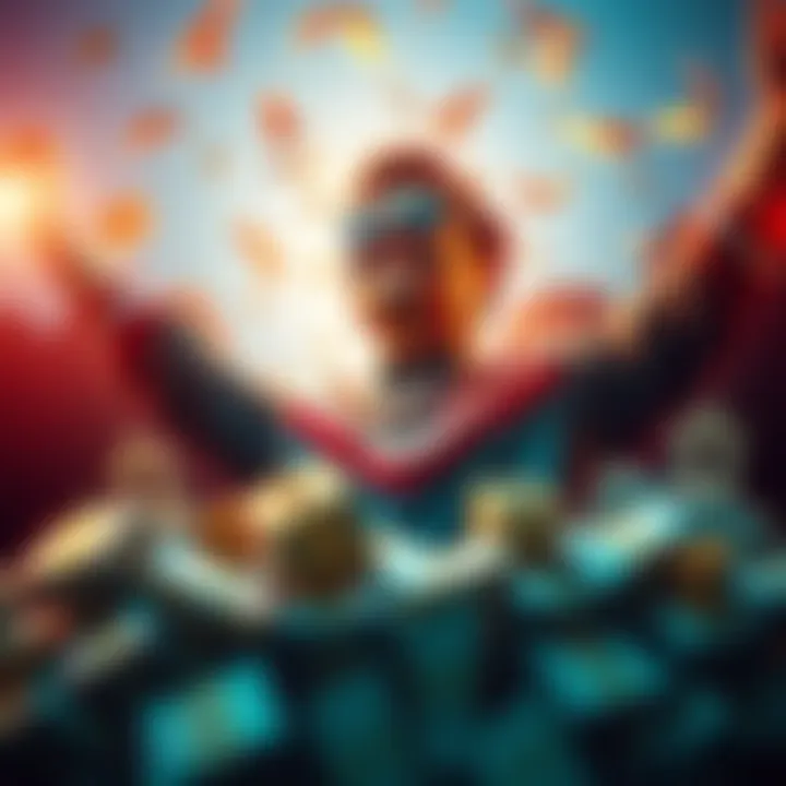 Success Story of Asset Ownership A person celebrating their journey from observer to owner, representing growth and financial success, surrounded by symbols of wealth like money and property.