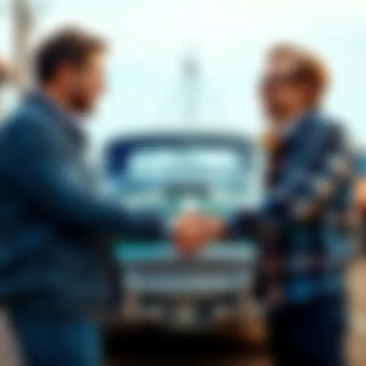 A happy buyer and seller shaking hands with a classic car in the background after a successful auction.