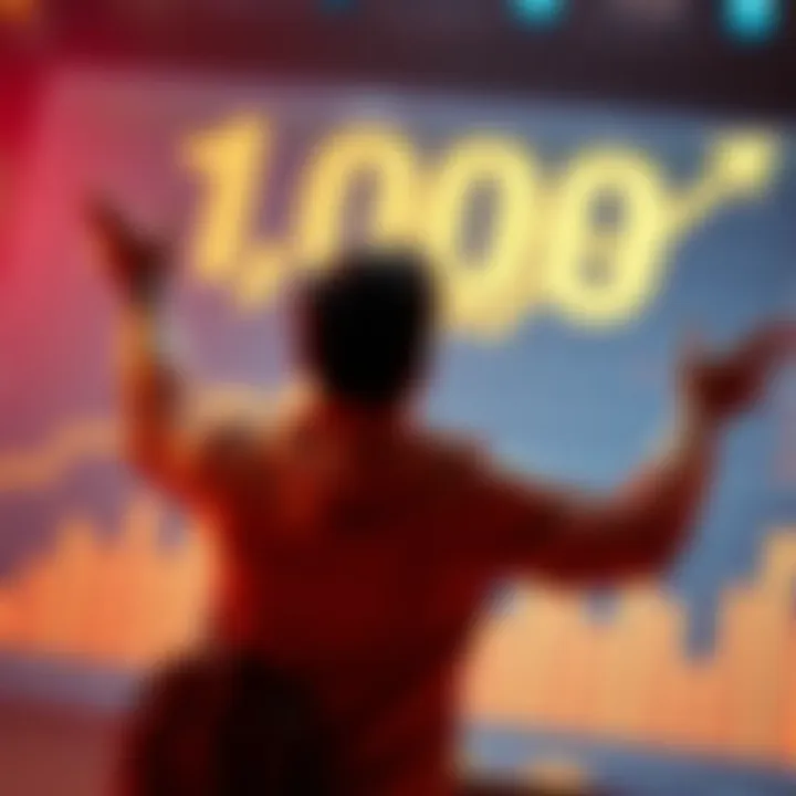 Successful Validations A person celebrating a milestone of achieving 1000 successful validations with a chart showing rising earnings in the background.