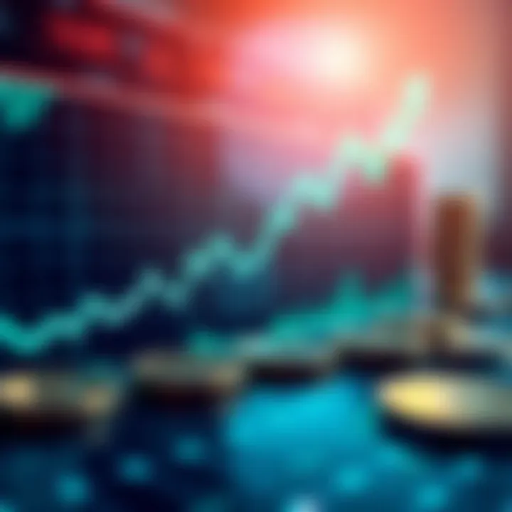 Graph showing a significant increase in the value of Sui cryptocurrency with a bright green line on a digital chart and coins in the background.