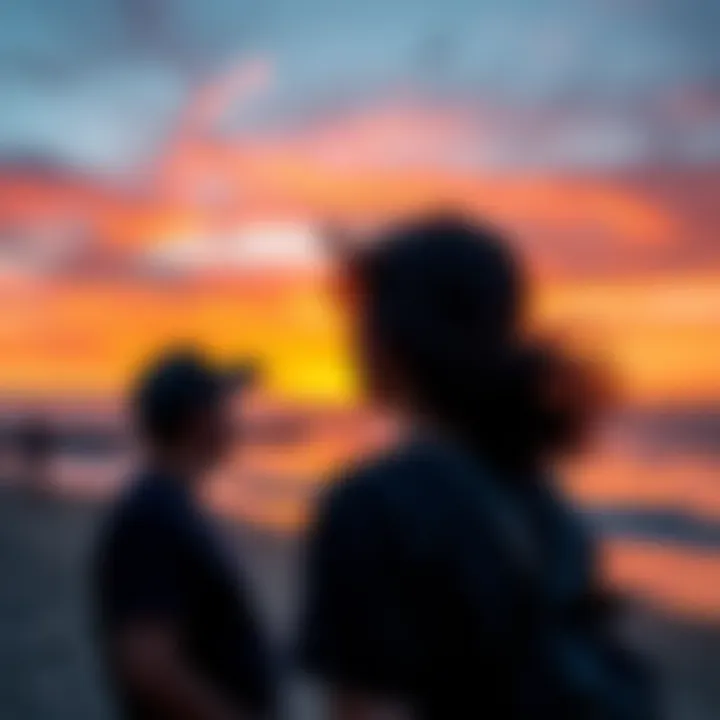 A vibrant sunset captured with a Nikon Z9 featuring a Sigma 85mm f/1.4 ART lens, showcasing warm colors in the sky and subjects illuminated by soft evening light.