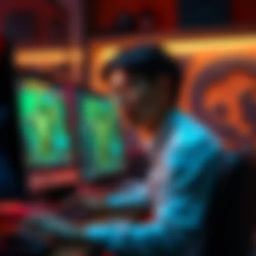 A young man sitting at a computer, looking at a gaming screen showing World of Warcraft, with a thoughtful expression as he reflects on his journey to blockchain technology.