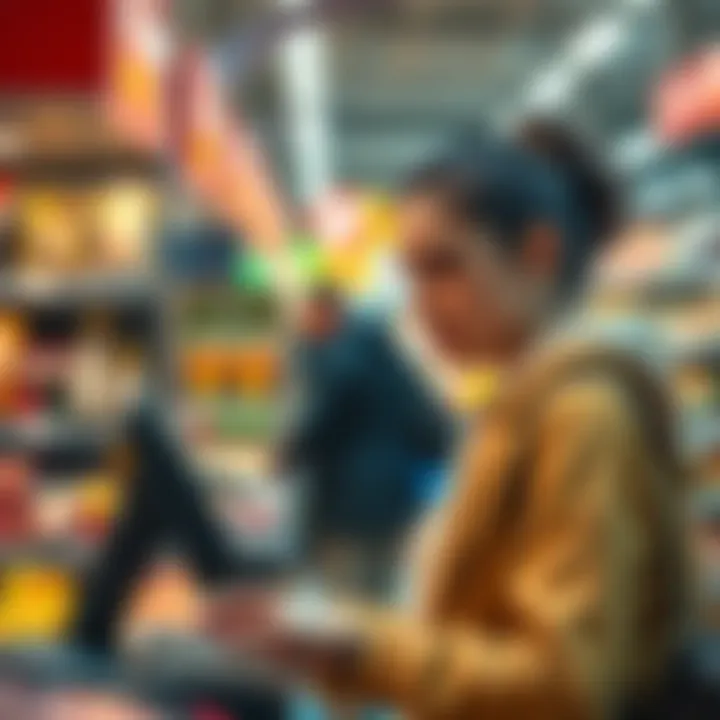 A shopper looking at a card machine with a puzzled expression after a payment was approved but declined in an app.