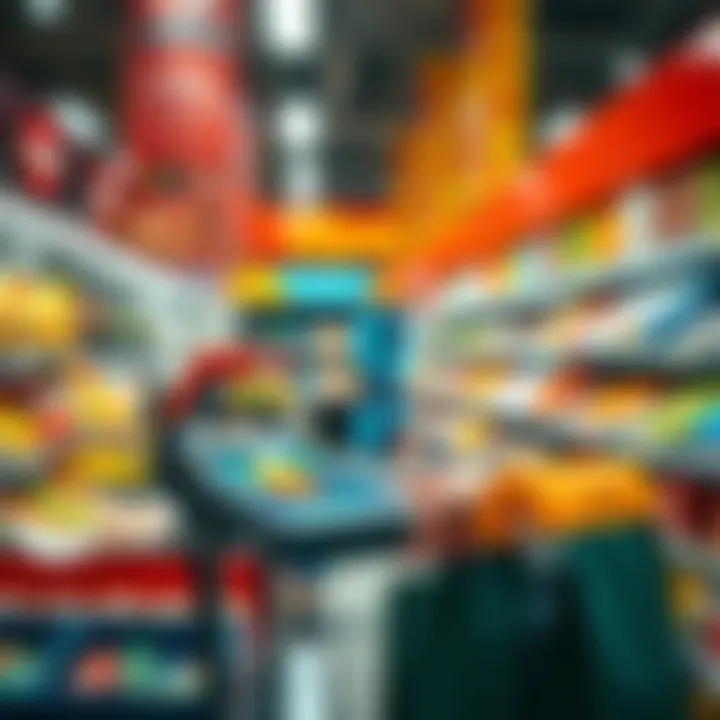 A shopper using a digital payment method at a supermarket checkout, showcasing blockchain technology integration.