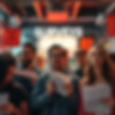 A group of people looking confused while holding survey forms, with warning signs in the background.