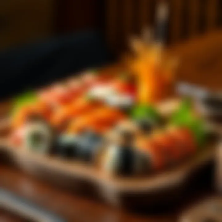 A colorful sushi platter featuring different types of sushi rolls, set on a wooden table