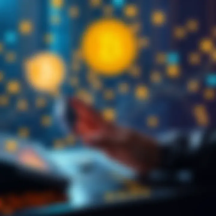 A person exchanging Ethereum for USDC on a decentralized platform with digital currency symbols in the background