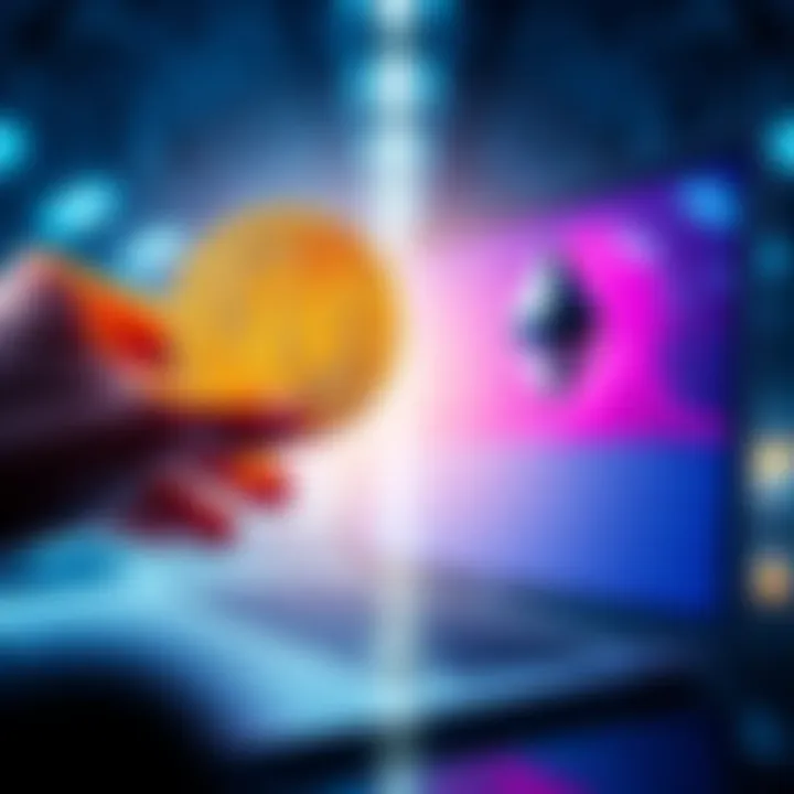 A person exchanging Bitcoin for Ethereum on a digital platform, showing low fees and a simplified process.