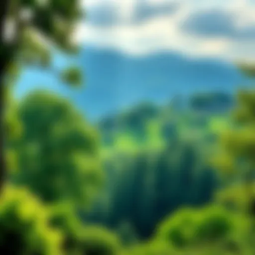 A vibrant green landscape with trees and plants symbolizing biodiversity, featuring blockchain icons to represent HBAR technology.