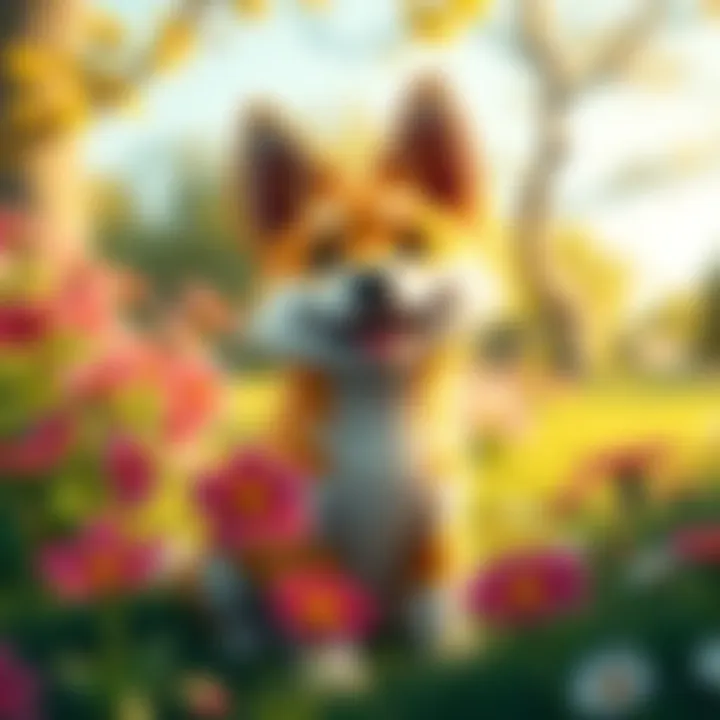 A joyful dog named Tails Vosk sitting in a sunny garden, surrounded by flowers, with a happy expression