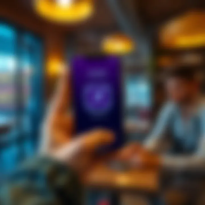 Tap to Pay Technology A smartphone displaying a tap to pay option in a cafe with a customer about to make a payment